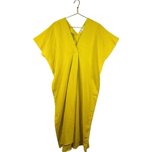 Zara Mustard Yellow Linen Blend Midi Dress | V-Neck Oversized Kaftan | XS - Picture 10 of 11